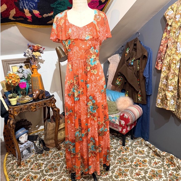 Vintage Dresses & Skirts - Vintage 70s Coral Orange Floral Maxi Dress Ruffle Flutter Sleeve Boho Size 10